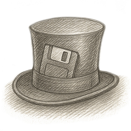 A pencil-sketched top hat with a floppy disk tucked in its band